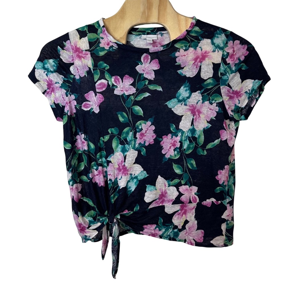 J. Jill Love Linen Floral Short Sleeve Top Size L Front Tie Summer Breathable